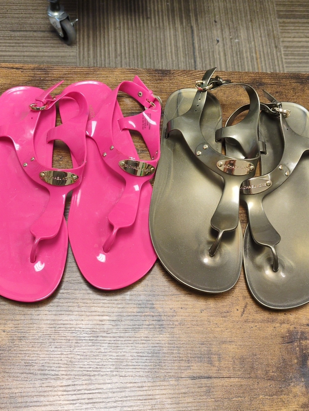Michael Kors Pink and Olive Green Jelly Thong Sandals